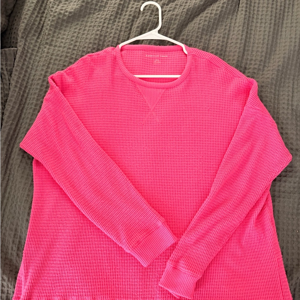 American Eagle Outfitters Bright Hot Pink Waffle Crewneck Sweater